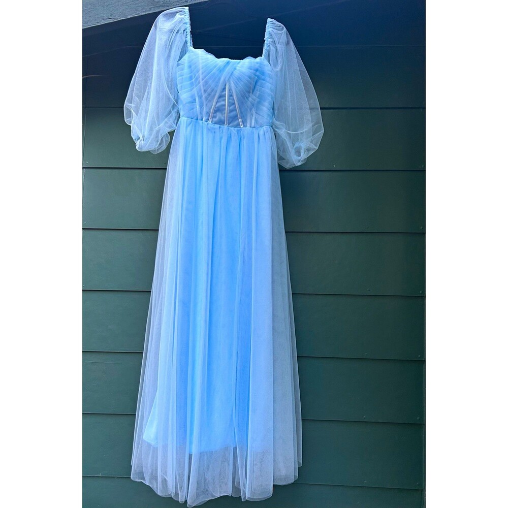 Cinderella Light Blue Tulle Maxi Gown Dress Puff Sleeves Fairy Princess Size 4
